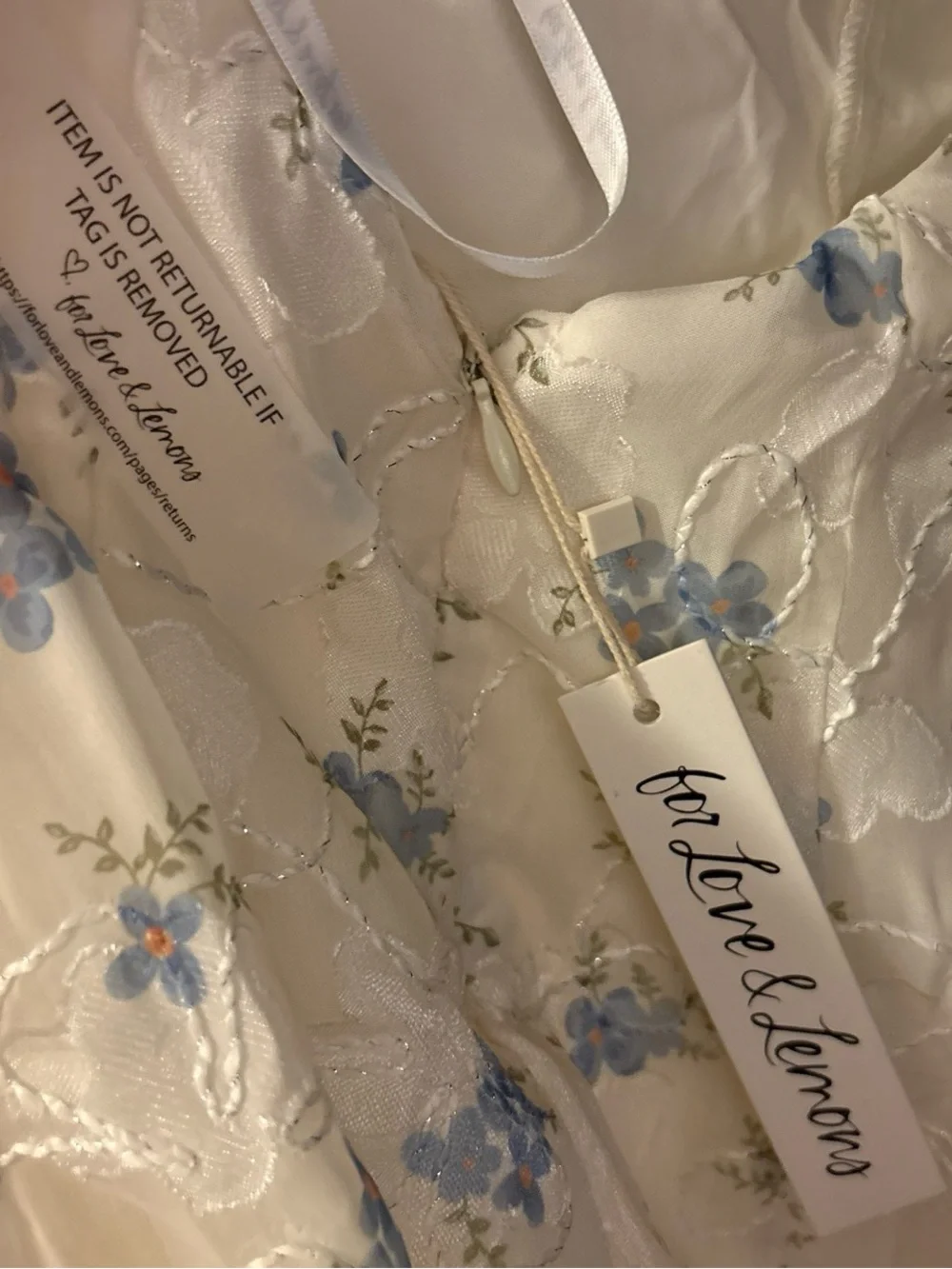 For Love & Lemons Cream Edith Mini Dress with Blue Floral Print